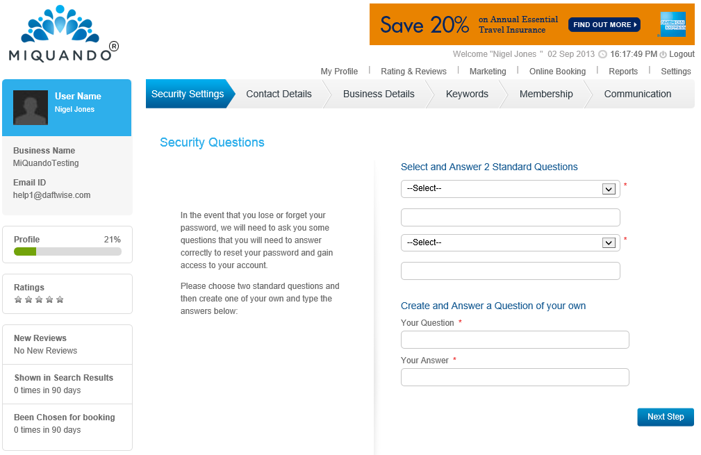 Example Security Questions Screen
