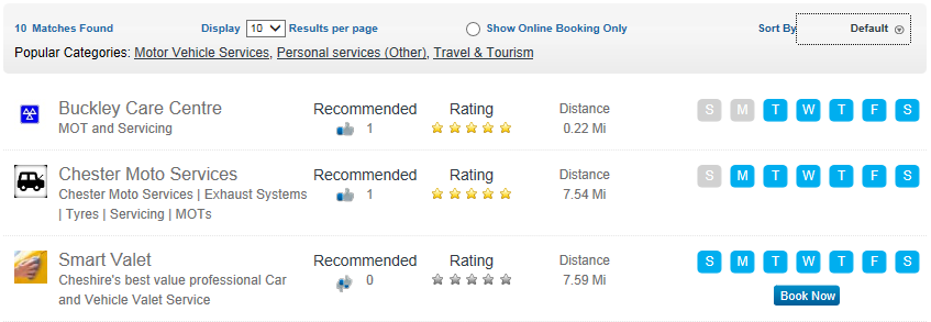 Default Sort Order for Searches - 1 Rating, 2 Recommended, 3 Booking Availability, 4 Name (A to Z)